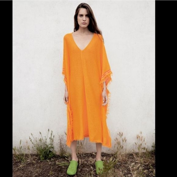 Orangish-yellow Zara linen kaftan dress size M/L, new with tags - Picture 3 of 11